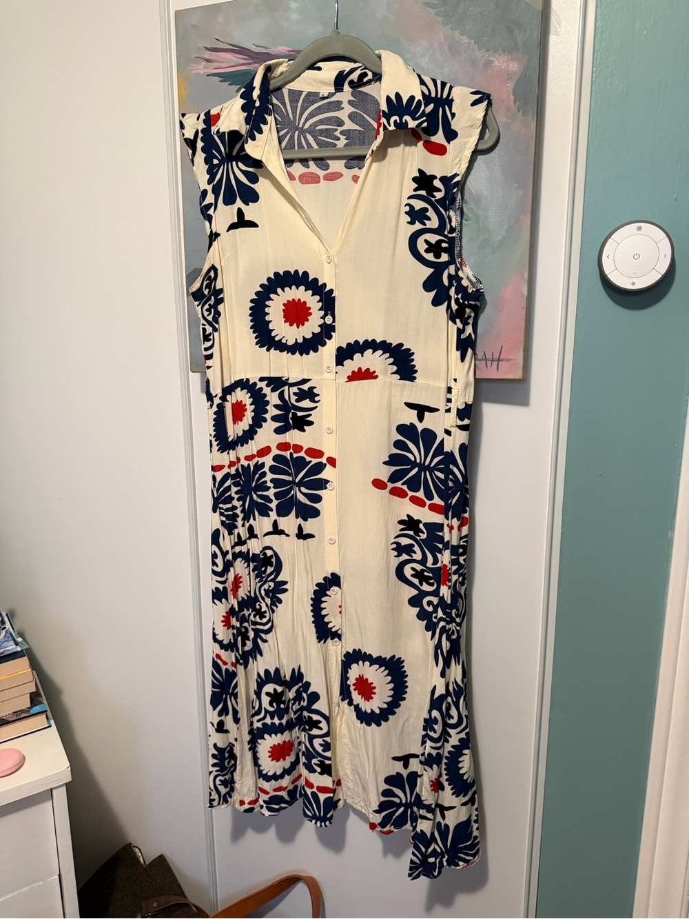 Sleeveless Button-Front Floral Midi Dress in Cream, Navy & Red